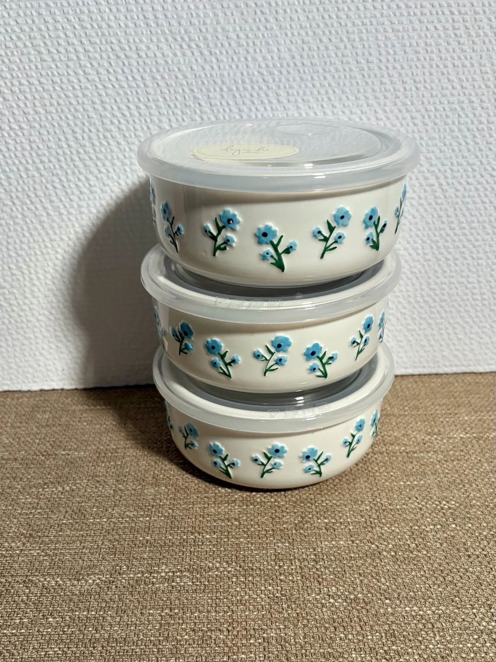 Ceramic Bowl with Venting Lid - Blue & Navy Floral Motif Textured Flower Design